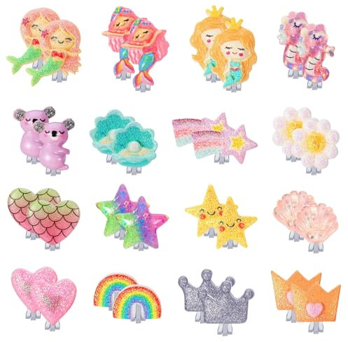 Halinuia 16 Paires Boucle D'oreille Clip Enfant Boucle Oreille Sans Trou pour Filles Clips Oreilles non Percées Fleur Sirène Arc-en-ciel Cœur Étoile Coquille Couronne Oreille Sans Trou Bijoux Cadeau