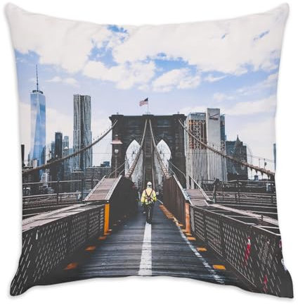 Fabulous Kissen aus weißem Samt – Brooklyn Brücke Zugang Fußgänger Skyline New York USA – 40 x 40 cm – samtige Haptik – Bezug und Kissen inklusive