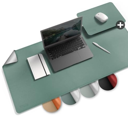 smøla Schreibtischunterlage aus PU-Leder I 85x40cm Abwischbar inkl. XXL Mauspad I Große Tischunterlage, Schreibunterlage – für Büro & Home-Office I Doppelseitig (Agaven-Grün/Grau)