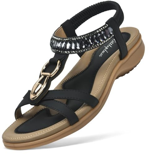 Littleplum Sandalen Damen Freizeit Flach Sandalette Handarbeit mit Strass Perlen Bohemia Strand Schuhe,B Schwarz 39 EU