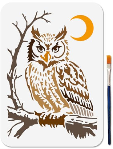 MAYJOYDIY Eulen Schablone BANG Eulen Tierschablonen Zum Malen 29.7×21cm Wiederverwendbare Mondvogel Schablone Bastel Zeichenvorlagen Mit Pinsel Für Heimwerkerarbeiten Auf Holzwänden Heimdekoration