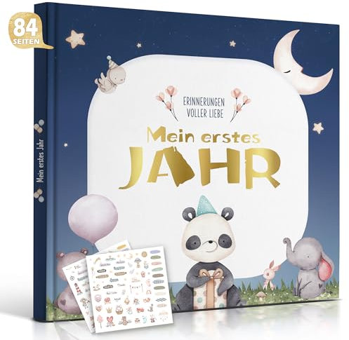 Hyggartn Mein Erstes Jahr Babyalbum mit 129 Stickern Personalisierte Geschenke Baby Geschenk Geburt Junge & Mädchen Fotoalbum Baby Erinnerung Babytagebuch 21x21 cm (Panda mit Aufklebern)