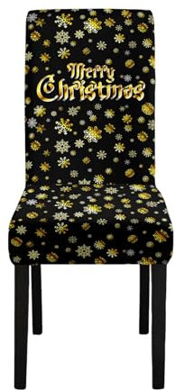 Odot 3D Weihnachten Stuhlhussen mit 2/4/6/8 Stühlen Set, Stretch Esstisch Stuhlhussen Hussen Waschbarer Stuhlbezug Sesselbezug für Weihnachtsfeier (4er Set,Schwarz-Gold-Schnee)