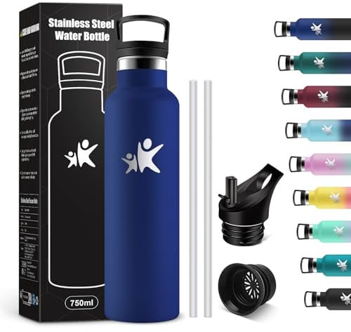 KollyKolla Trinkflasche Edelstahl 750ml, Isolierflasche mit Strohhalm, BPA-Frei, Kohlensäure Geeignet, Vakuum Thermosflasche, Wasserflasche für Erwachsene, Uni, Sport, Büro, Gym, Fahrrad, Camping