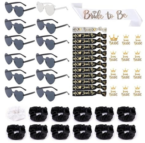 49 Stück Jga Accessoires Frauen, JGA Brille Team Braut Haargummi Armbänder für Junggesellenabschied Frauen, 1Bride to be schärpe +12 Herzförmige Brille +12 Haargummi+12 Armband+12 Aufkleber, JGA Deko