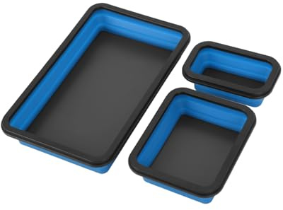 Högert Technik Set 3 Vassoi Magnetici Pieghevoli HT4R523, Base Magnetica Potente, Salvaspazio in Silicone, Per Viti e Minuteria, Nero e Blu