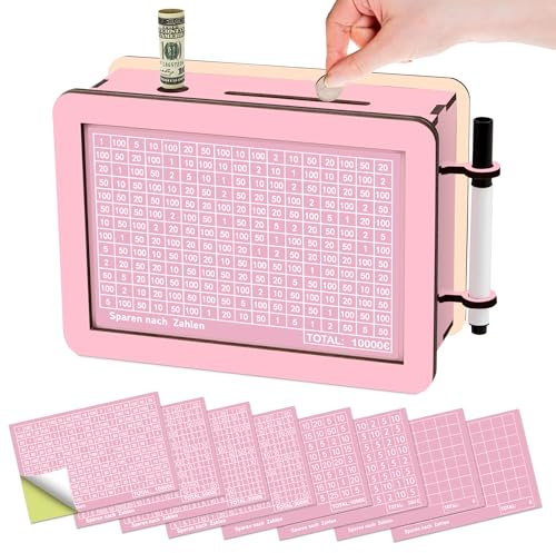 Sparbox mit Zahlen Ankreuzen Spardose Holz Spardose Erwachsene mit 8 Marker Aufklebern Wiederverwendbare Geldkassette Geldsparbox Sparschwein aus Holz für Erwachsene mit Sparziel