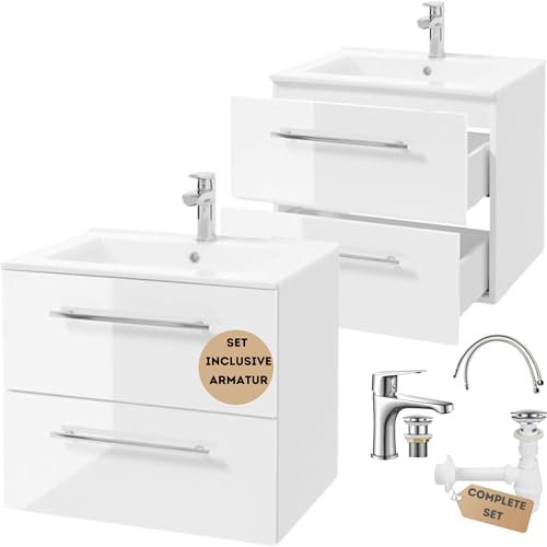 .Deftrans Waschbeckenunterschrank 60 cm hängend mit Waschbecken, Armatur & Siphon – Waschtisch mit Unterschrank, Softclose, Badezimmermöbel Set für kleine Bäder, Hochglanz Weiß