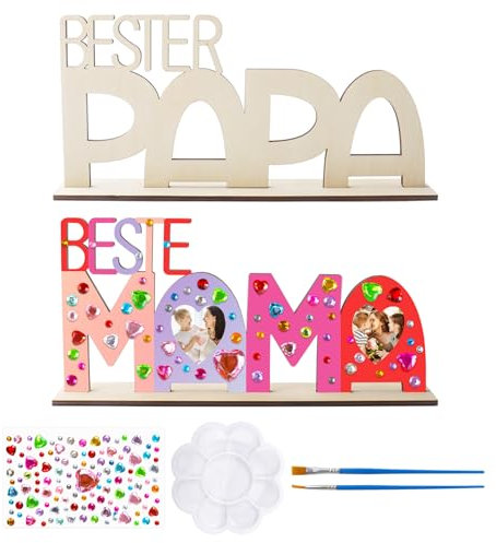 Qaziuy MAMA PAPA Holzbuchstaben Bastelset Holz Bilderrahmen Vatertag Muttertag Bastelset Kinder Papa Mama Holznamen Bemalen und Fotos Ankleben für Mutter Vater Geburtstag Vatertag Muttertag Geschenk