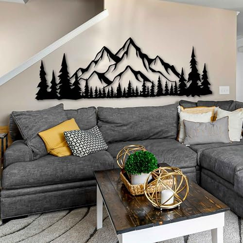 KAWA METALWORKS Mountain and Forest Metal Wall Art Decor, Rustic Landscape Wall Decor, Large Metal Wall Hanging, Hills and Trees Wall Art for Living Room & Office