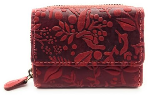 Kompakte Geldbörse aus echtem Leder für Damen & Herren – kleines Portemonnaie mit RFID-Schutz, 2 Geldscheinfächer, Reißverschluss-Münzfach, echtes Leder (Floral rot)