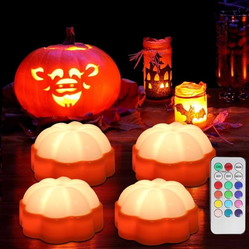 4 Stück Halloween Kürbis Lichter, LED Kerzen Flackern mit Fernbedienung und Timer, Multicolor Flammenlose Kürbis Kerzenlichter, Jack-O-Lantern Farbige Batteriebetriebene für Outdoor Halloween Deko