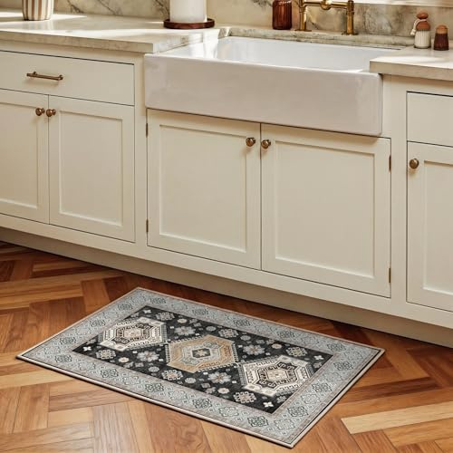 Decoranddecor Persian Washable Rug 60x90cm Bedroom Bath Non-Slip | Grey Bath & Bedside Mat, Machine Washable Rug, Area Rug, 6mm Low Pile, Pet Friendly, Stain Resistant