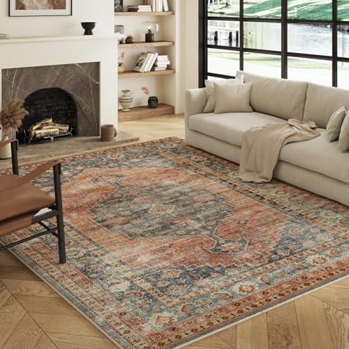 Decoranddecor Vintage Rugs Living Room 160x230cm Washable Non-Slip | Red Large Living Room Rug, Machine Washable Rug, Area Rug, 6mm Low Pile, Pet Friendly, Stain Resistant