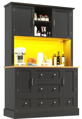 Gxffipw Modern Küchenschrank Buffetschrank Hoch 180 cm mit LED-Licht und 3 Schubladen, Wohnzimmerschrank Hochschrank mit 4 Türen und Kippschutz, Highboard Küchenschränke mit Arbeitsplatte, Schwarz ﻿