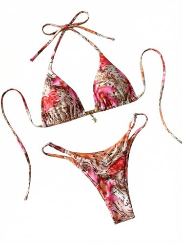 Tainehs Women's Brazillian Triangle Thong Bikini Set Sexy String Two Piece Swimsuit Bathing Suit Pink Floral