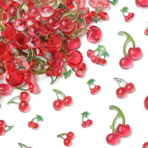 Stiesy 120Pcs Red Cherry Resin Slime Charms, Assorted Mini Sizes Fruit Nail Art Charms No Hole Flat Back Cabochons for Nail Art Decoration, DIY Craft Accessories, Jewelry Making Supplies 6 Styles