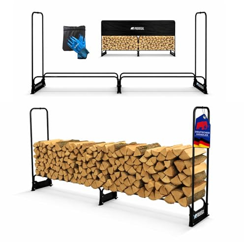 PROREGAL Kaminholzregal CHIMERA außen Metall inkl Abdeckung & Handschuhe 117x260x36cm Schwarz wetterfest Holzunterstand Kaminholzlager aus Stahl Brennholzregal Outdoor Holzstapelhilfe mit Plane