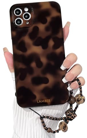 NITITOP Compatible with iPhone 11 Pro Max Case Leopard Print Tortoise Brown Amber Pattern with Chain Lanyard Wrist Strap for Girls Women Men Boys Shockproof Protective Cover - Brown