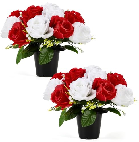 Fuyuleyo 2 Pack Artificial Grave Flowers in Pots, 30cm Silk Flowers for Graves Memorial Cemetery Flower, Weatherproof UV Resistant Funeral Arrangements for Outdoor Graveside Ornaments