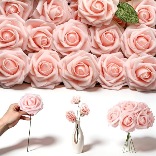DIYCUT 25 Pezzi Fiori Artificiali di Rosa, Rose Rosa Finte con Steli | Rose Finte di Schiuma, per Fai Da Te, Matrimonio, Festa, Festival, Decorazione di San Valentino