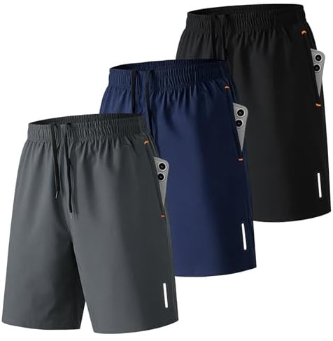 SHAGGA 3 Pack Gym Shorts Men Lightweight Quick Dry Sports Short Inseam 7 with Zipper Pockets for Running Fitness Joggers (UK, Alpha, M, Regular, Regular, 3pack（Black，Blue，Grey）)