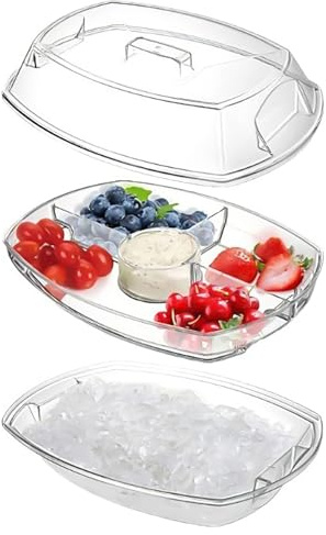 Vassoio refrigerato - Vassoio per ghiaccio da 14,17 pollici con coperchio e 4 scomparti | di frutta con divisori in PET trasparente, portatile per snack e verdure