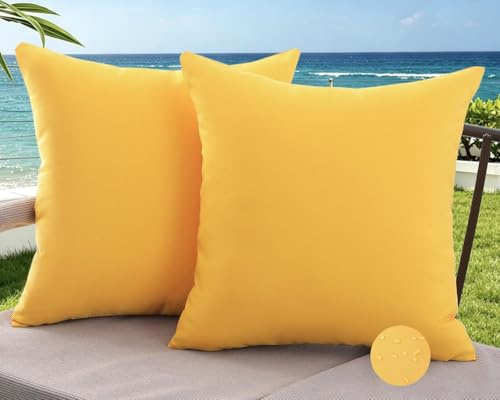 Avalune Kissenbezug Outdoor Kissen 40x40 Gelb Sofakissen Wasserfest Dekokissen Sommer Frühling Kissenhülle Kissenbezüge für Garten Sofa Balkon Terrassen Lounge Couch Deko Wohnzimmer 2er Set