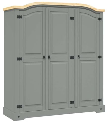 Wardrobe Mexican Pine Corona Range, 3 Doors Grey, Solid Wood Bedroom Armoire, 151x52x170 cm Storage Cabinet with Hanging Bar