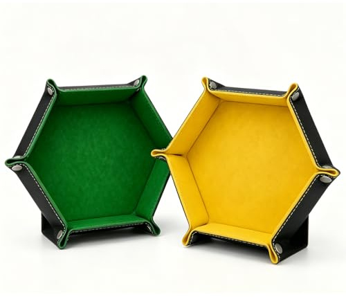 2 Pack Dice Tray, Hexagonal Folding PU Leather Dice Trays for Dnd Rpg Tabletop Games, Portable Dice Rolling Tray Storage Box for Board Game Accessories (Mustard Yellow & Forest Green)