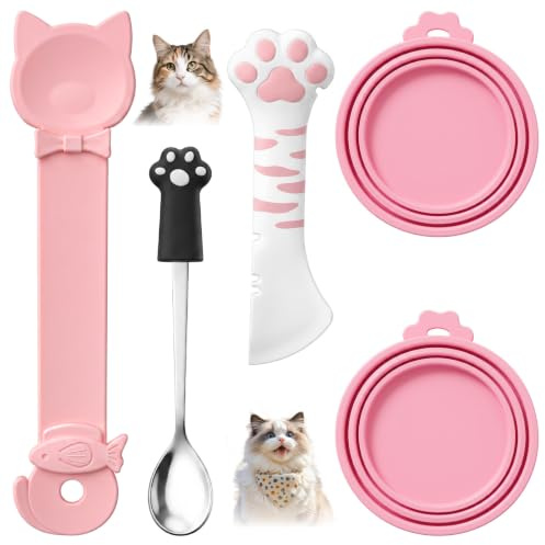 Grevosea 5 Pcs Cat Food Can Covers Set, Silicone Can Lids with Stainless Steel Spoon & Opener, Multi-Function Pet Food Squeezer for Wet Cat Dog Feeding Storage - Pink