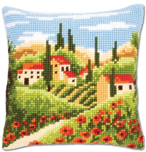 VERVACO Kreuzstich Stickpackungen Kissen Stickerei Set Anfänger Vorgedruckt Landschaft i.d. Toskana DIY Set Kreativ Set Für Erwachseneca. 40 x 40 cm Bastelset Handwerker Haus Dekoration