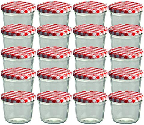 Sturzgläser Lot de 20 pots à renverser 230 ml avec couvercles à carreaux rouges Ø 80 mm