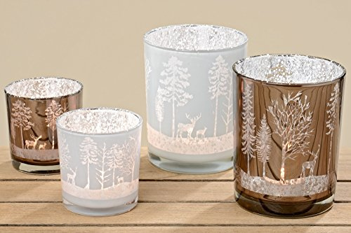 BOLTZE Windlicht Teelicht Glas lackiert braun weiß Hirsch REH Tannenbaume H 8 cm 2er Set