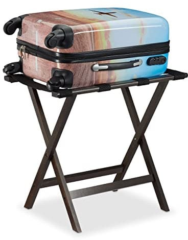 Relaxdays Porte-Bagages Pliant en Bambou, Rack pour Bagages : Valises & Sacs de Voyage, 53,5x58x36,5cm, Marron Foncé