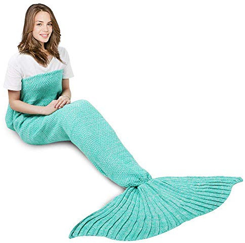 Lazeny Meerjungfrau Decke Kuscheldecke Strickdecke Häkeln Handbuch Decke Wolldecke Tagesdecke Klimaanlage Decke Meerjungfrau Schwanz Blanket Schlafsack Für Erwachsene Geschenk,180x90cm-Grün