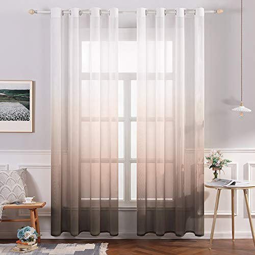 MIULEE Gardinen Transparent Vorhänge Farbverlauf Voile Sheer 2er Set Vorhang mit Ösen Dekoschal Fensterschal für Schlafzimmer und Wohnzimmer 145 cm x 140 cm(H x B) Weiß Kaffeefarbe