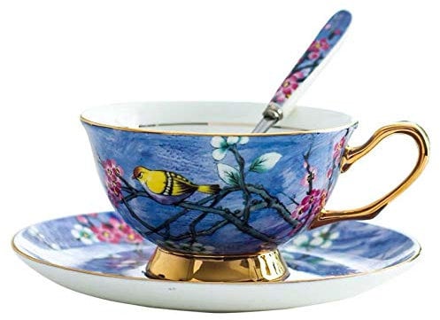Eplze YBK Tech Euro Style Cup& Saucer Set, Bone China Teacup Coffee Cup for Breakfast Home Kitchen- Birds and Trees Patterns (Bright Blue)