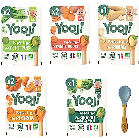 Yooji - 32 Repas Bio Pour Bébé dès 4 Mois Spécial Diversification Alimentaire - Purées de Légumes Lisses - Petit Pois, Potiron, Brocoli, Patate douce, Panais - Lot de 8x480g