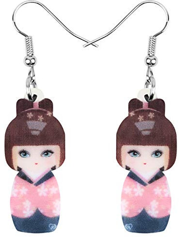 DUOWEI Acryl Anime Cute Japanisch Stil Kimono Puppe Ohrringe Charms Dangle Schmuck Geschenke für Damen Frauen Teenager Mädchen (Braun)