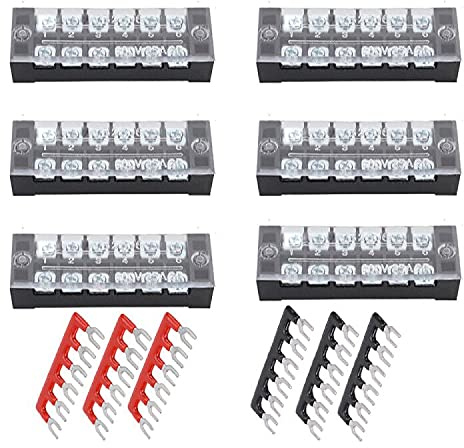 Ruidee 12pcs (6 Set) Terminal Block 6 Positions Dual Rows Covered Screw Terminal Block 600V 25A + 6Pcs 6 Positions Pre-Insulated Fork Terminal Barrier Strip Red/Black 400V 25A TB-U2506