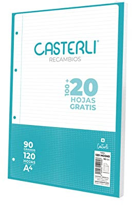CASTERLI Recambio 100 Hojas con margen. Tamaño A4, 4 Taladros, Papel de 90 gr (LINEA, A4)