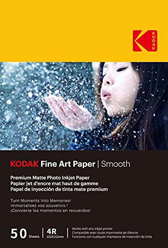 KODAK Fine Art Paper - Papel Fotográfico Mate, Paquete de 50 Hojas, 180 g/m², Tamaño A6 (10x15 cm), Impresión con Inyección de Tinta, Efecto Suave, Calidad Superior para tus Recuerdos