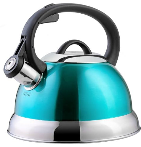 Mr. Coffee Flintshire Stainless Steel Whistling Tea Kettle W/Nylon Handle, 1.75-Quart, Metallic Teal Green