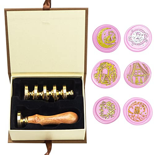 Wachs-Siegel-Stempel-Set, ANBOSE Tier Wachs-Siegel-Stempel-Set mit 6 PCS abnehmbare Messingköpfe und 1 Holzgriff, Katze Eule Boot Rose Siegel Wachsstempel für Karten Einladungen
