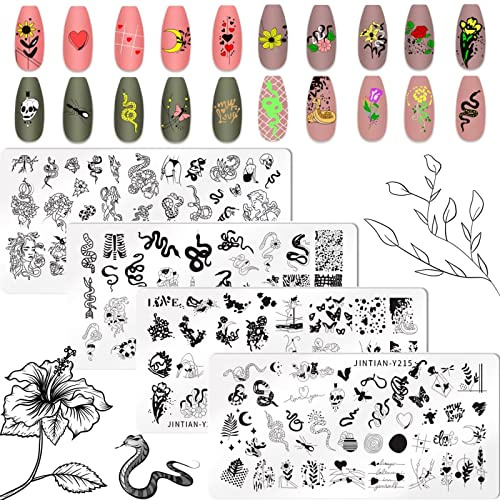 RUNRAYAY 4Pcs Animal Theme Nail Art Plates, Snake Flower Butterfly Nail Image Stamp Templates Stamping Kit DIY Print Manicure Salon Design