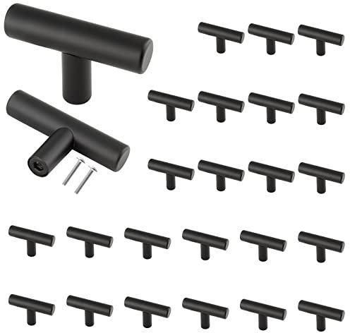 Cjueiom 25 Pack Matt Black Cupboard Knobs - 50mm Length T Bar Handles, Stainless Steel Drawer Pull Handles for Kitchen Cabinet, Wardrobe Door, Bedroom Closet