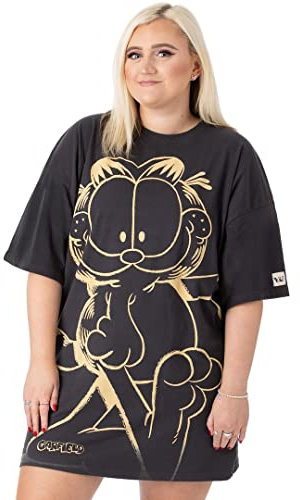 Garfield Womens T-Shirt Dress | Charcoal Grey & Orange Classic Oversized Graphic Tee | Ladies Cartoon Lazy Tabby Cat Outfit | Cute Fashionable Movie Merchandise Gift Top for Adults