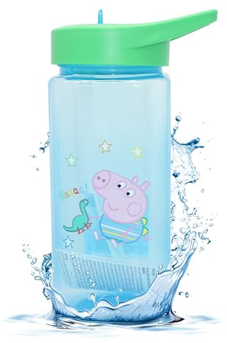 George Pig Wasserflasche mit Strohhalm, 420 ml, 16 cm, Kunststoff, quadratisch, BPA-frei, Trinkhalm, für Kinder ab 6 Monaten