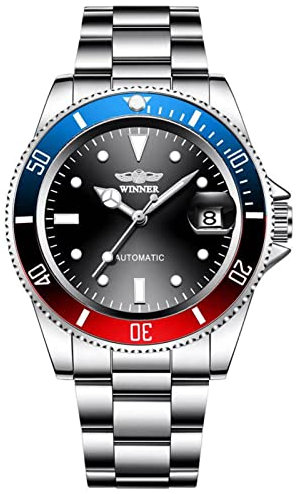 FORSINING Mechanische Automatikuhr für Herren, mit 20 mm Edelstahl-Armband, Handaufzug, modische Business-Armbanduhr für Herren, Blau / Rot, Armband